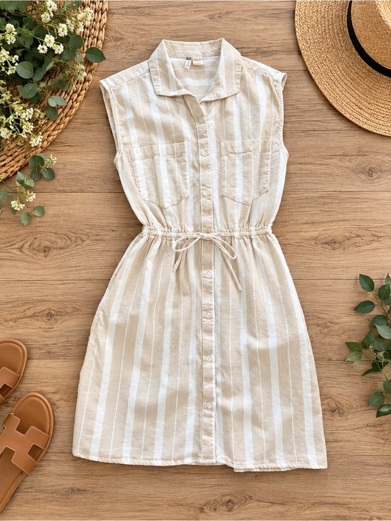 Japna Dresses & Skirts - Japna Beige and White Striped Sleeveless Midi Shirt Dress
